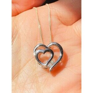 Rogers & Hollands sterling silver double heart genuine diamond necklace